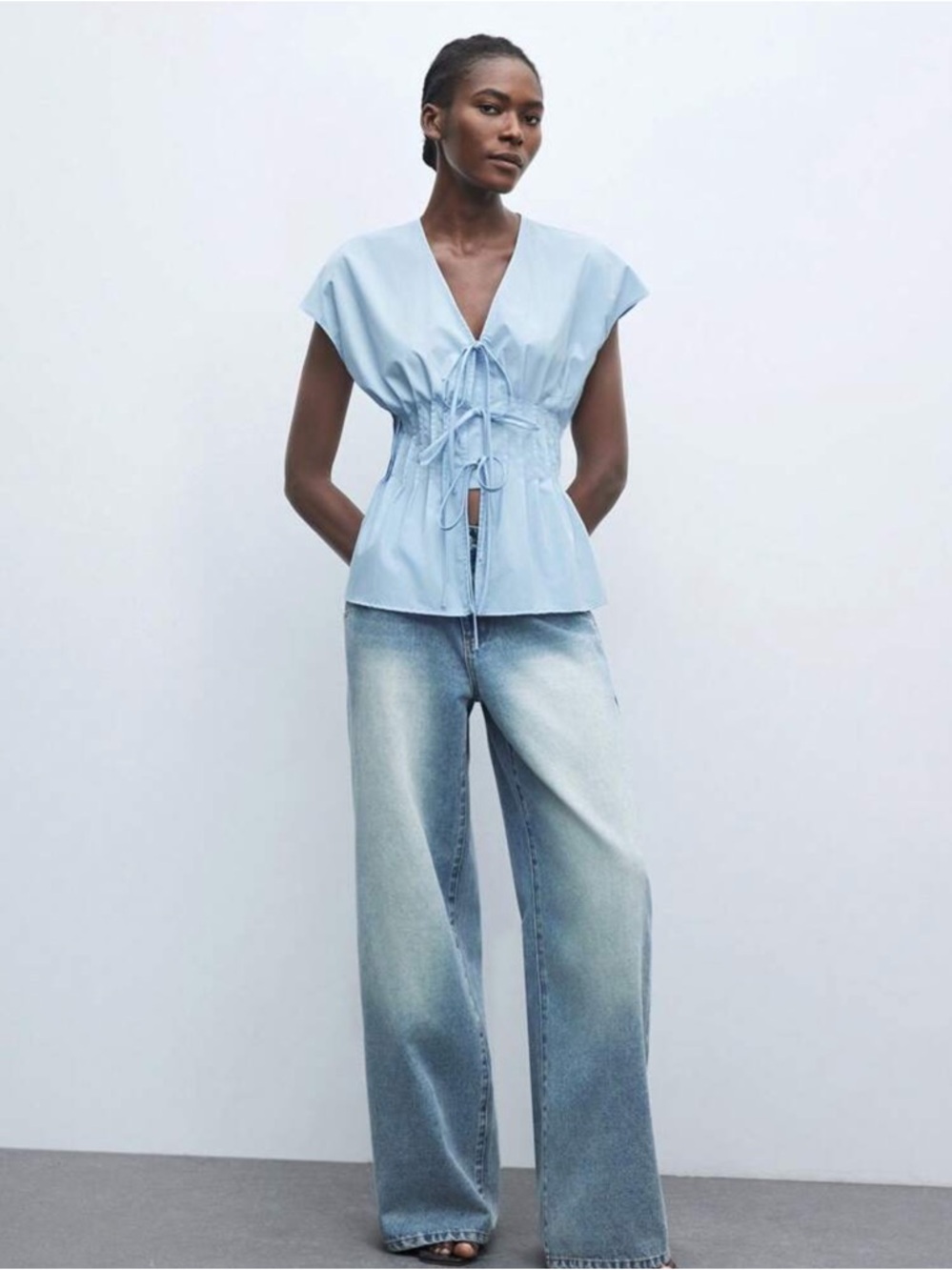 SHEIN Light Blue Lace-Up Short Sleeve Blouse